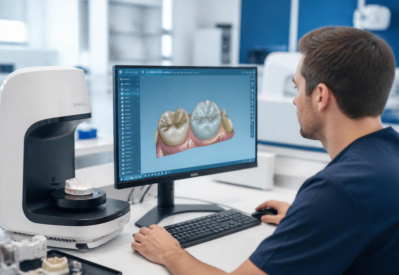 Técnico do FaceImagem Lab trabalhando em prótese dentária digital em software CAD